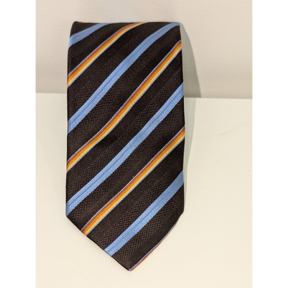 Geoff Nicholson Modern Silk Neck Tie Italy Made Striped Brown/Blue Men